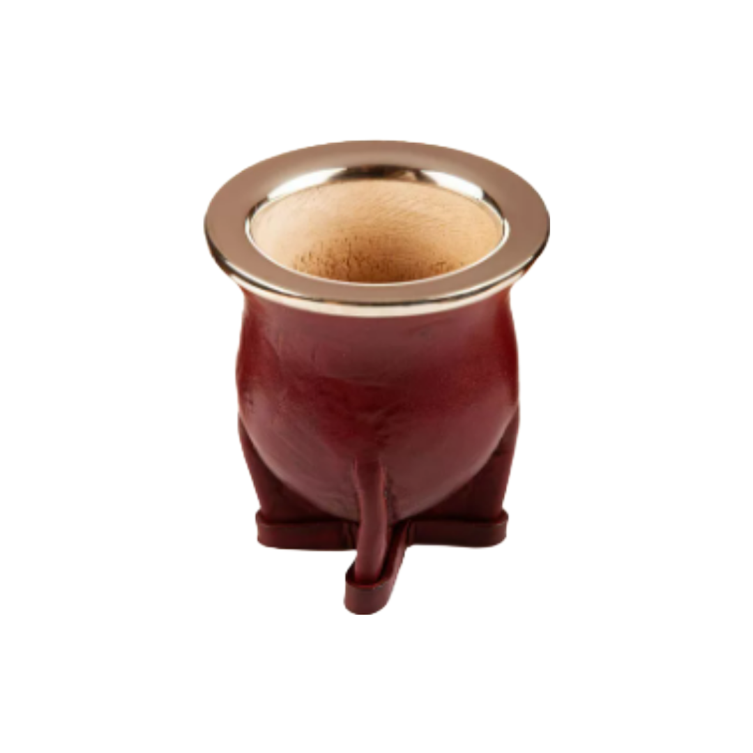 mate camionero de calabaza. Cuero marron y virola de aluminio.