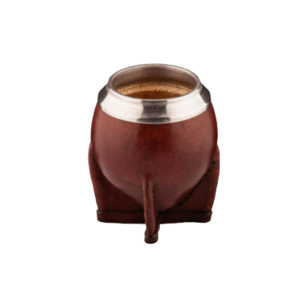 Mate torpedo de calabaza. Cuero marron y virola de aluminio.